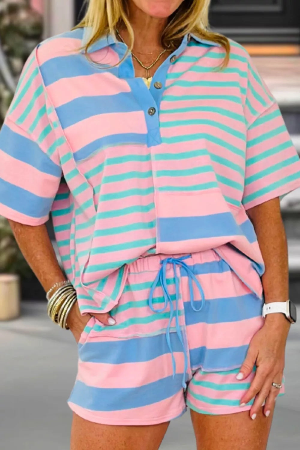 Stripe Exposed Seam Mixed Patchwork Loose Short Set