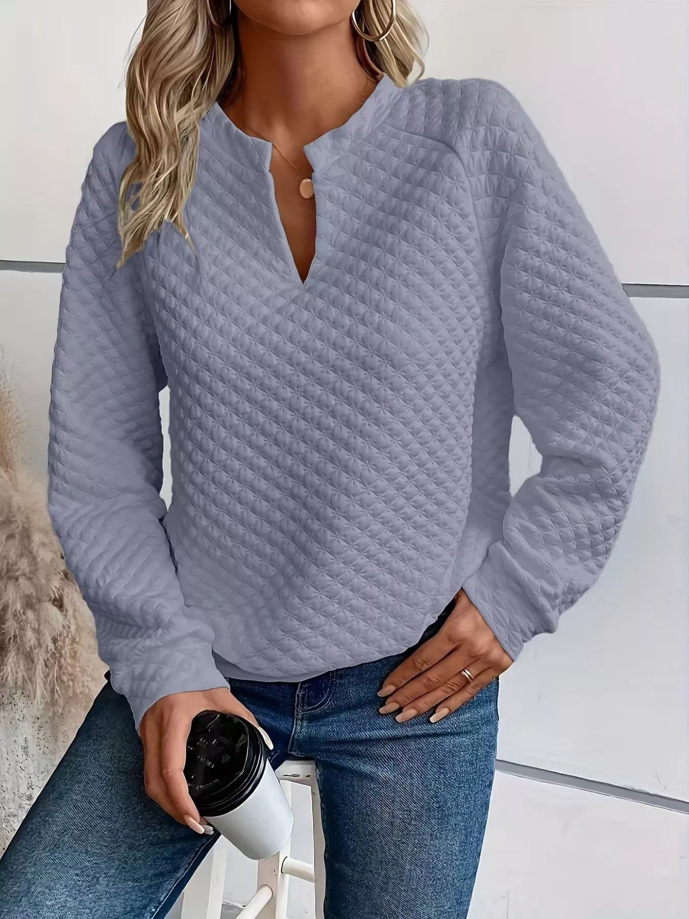 Quilted Texture Long Sleeve Sweatshirt with Notched Neck