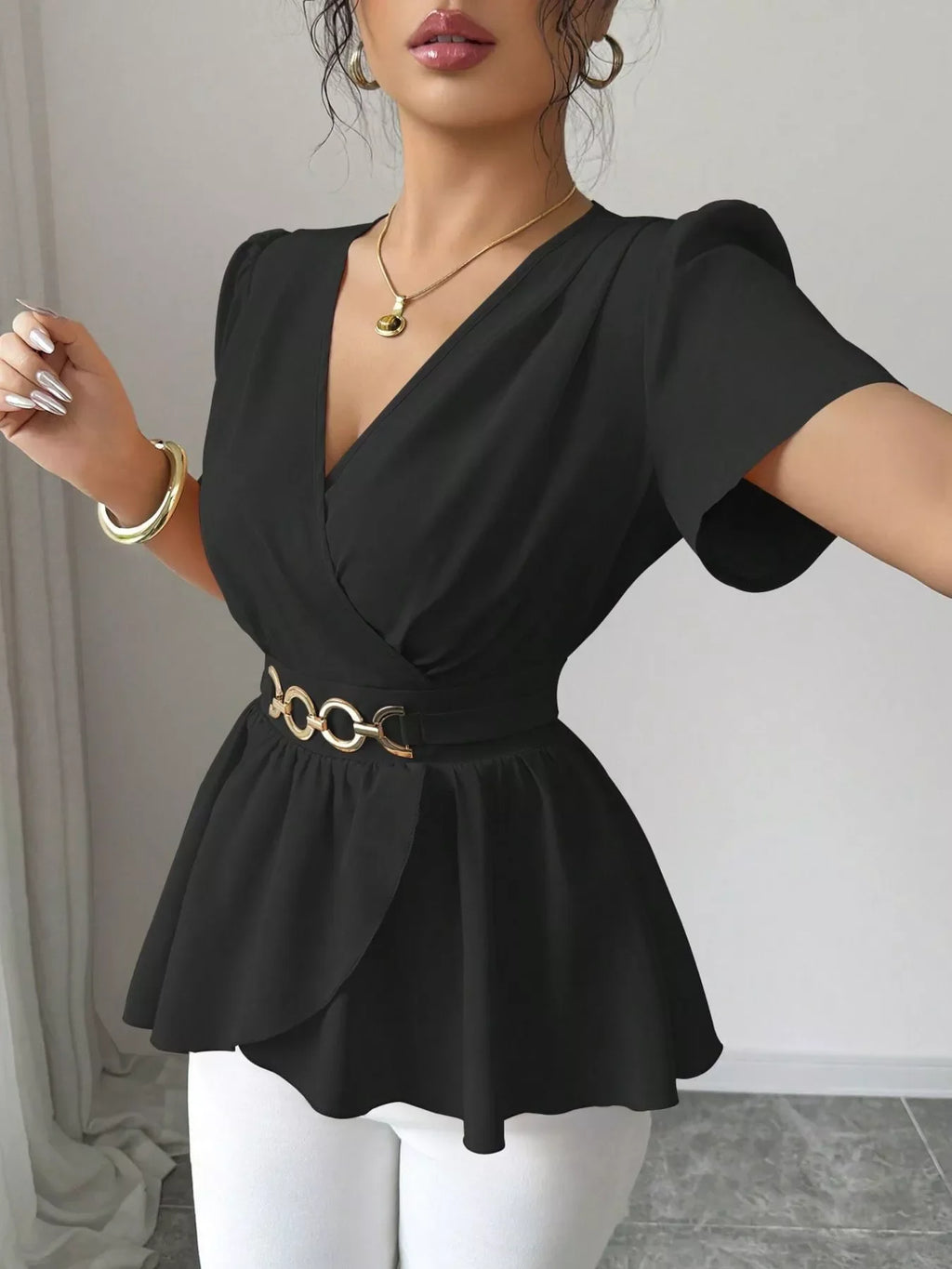Surplice Short Sleeve Blouse