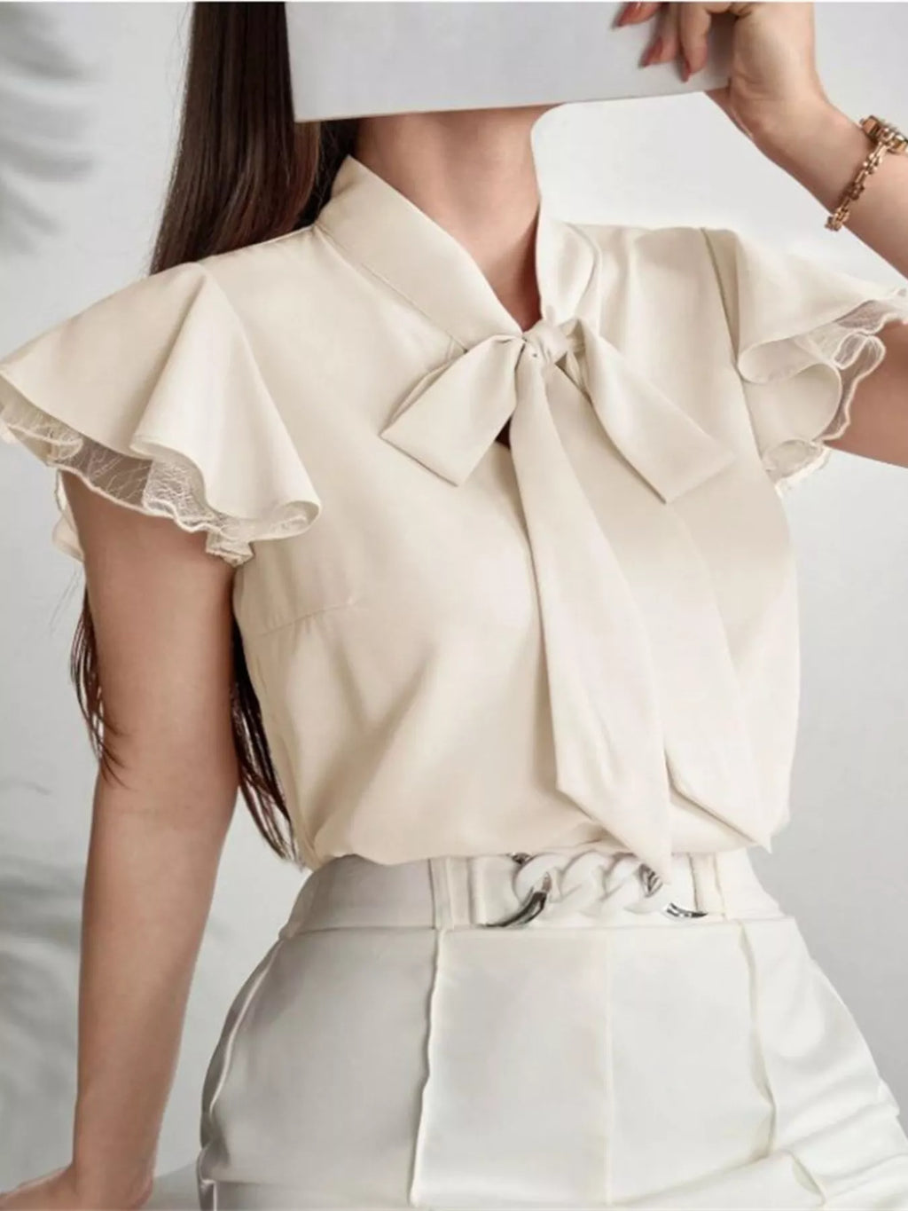 Tie-Neck Ruffle Sleeve Blouse