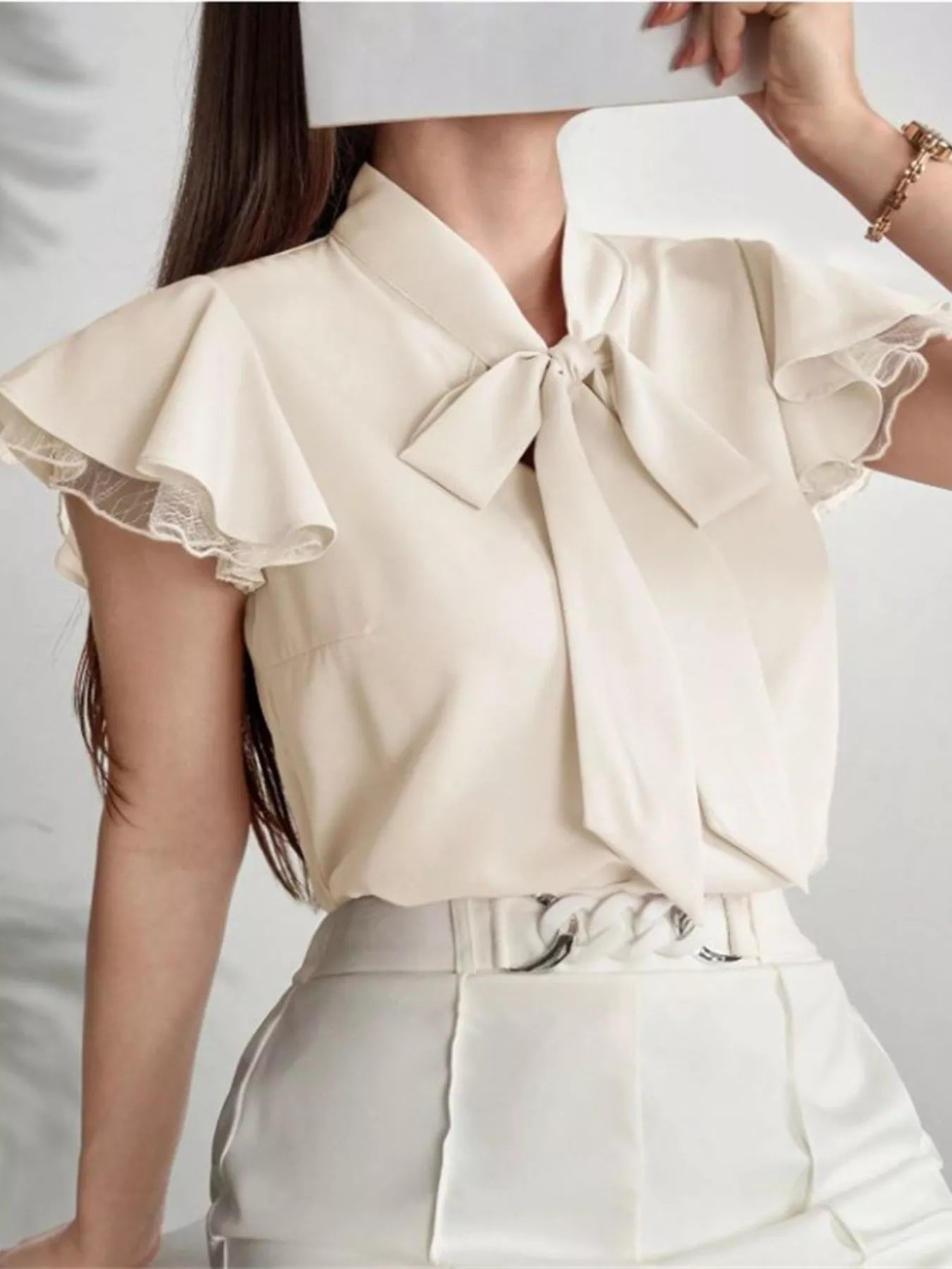 Tie-Neck Ruffle Sleeve Blouse