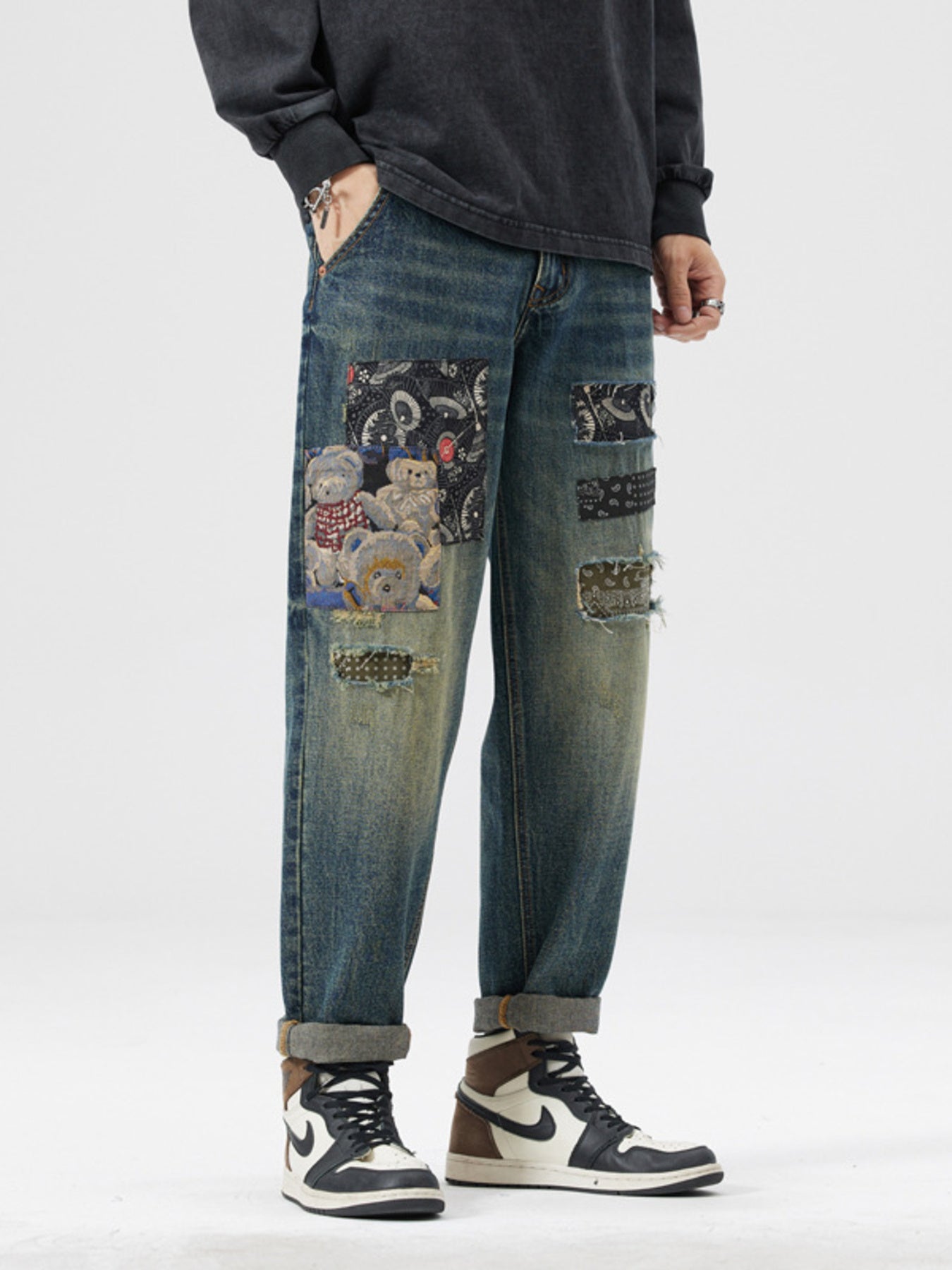 Men's Patchwork Ripped Loose Fit Jeans