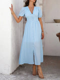Devine V-Neck Puff Short Sleeve Midi Dress