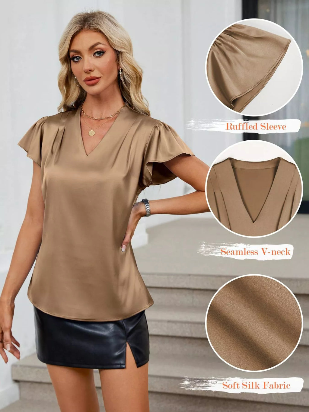 Satin V-Neck Flutter Sleeve Blouse