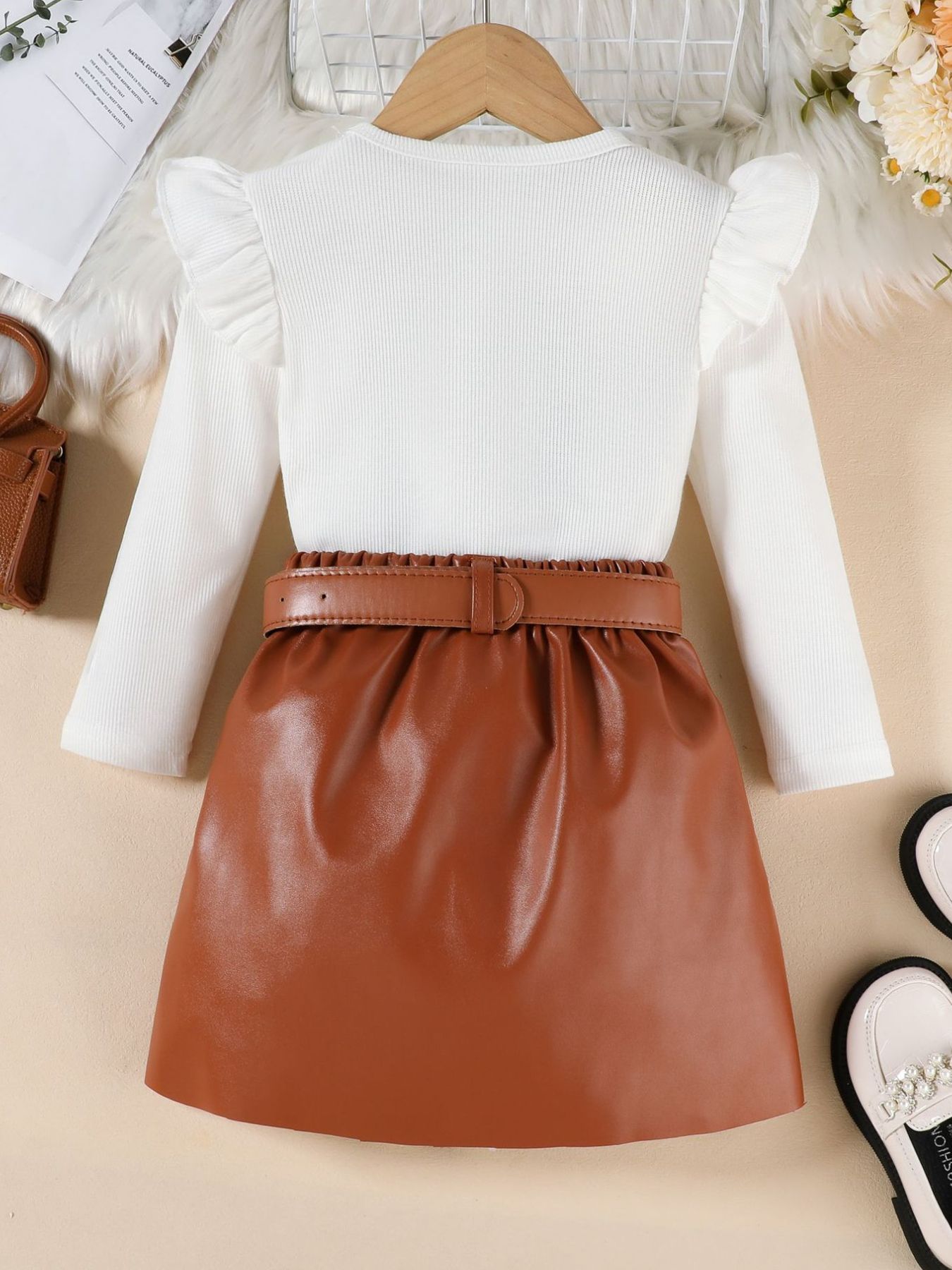 Children's Ruffle Trim Top & Faux Leather Pleated Skirt Set