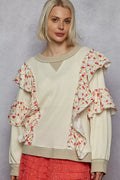 POL Round Neck Sweater with Floral Ruffle Detail