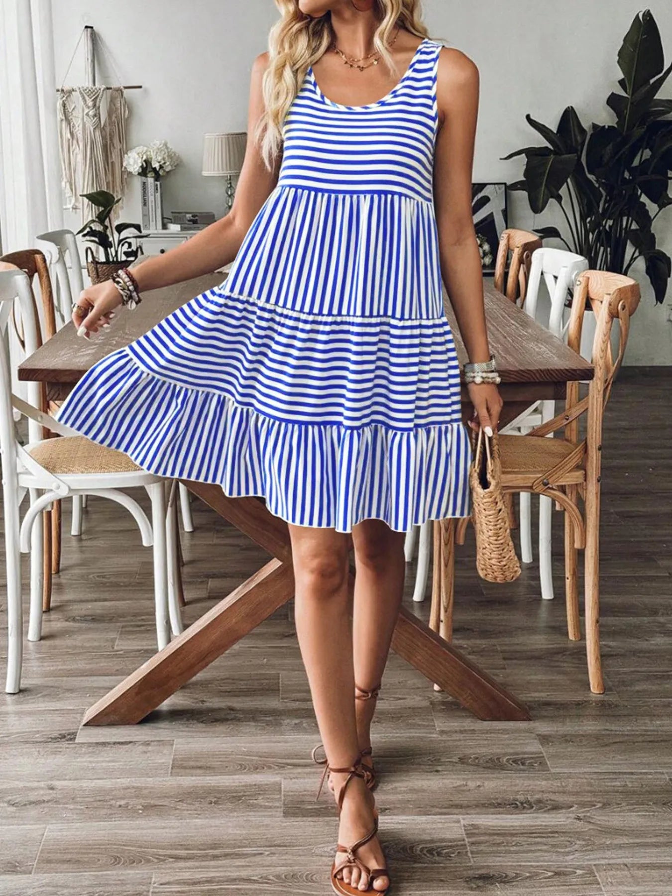 Casual Striped Tiered Ruffle Tank Dress