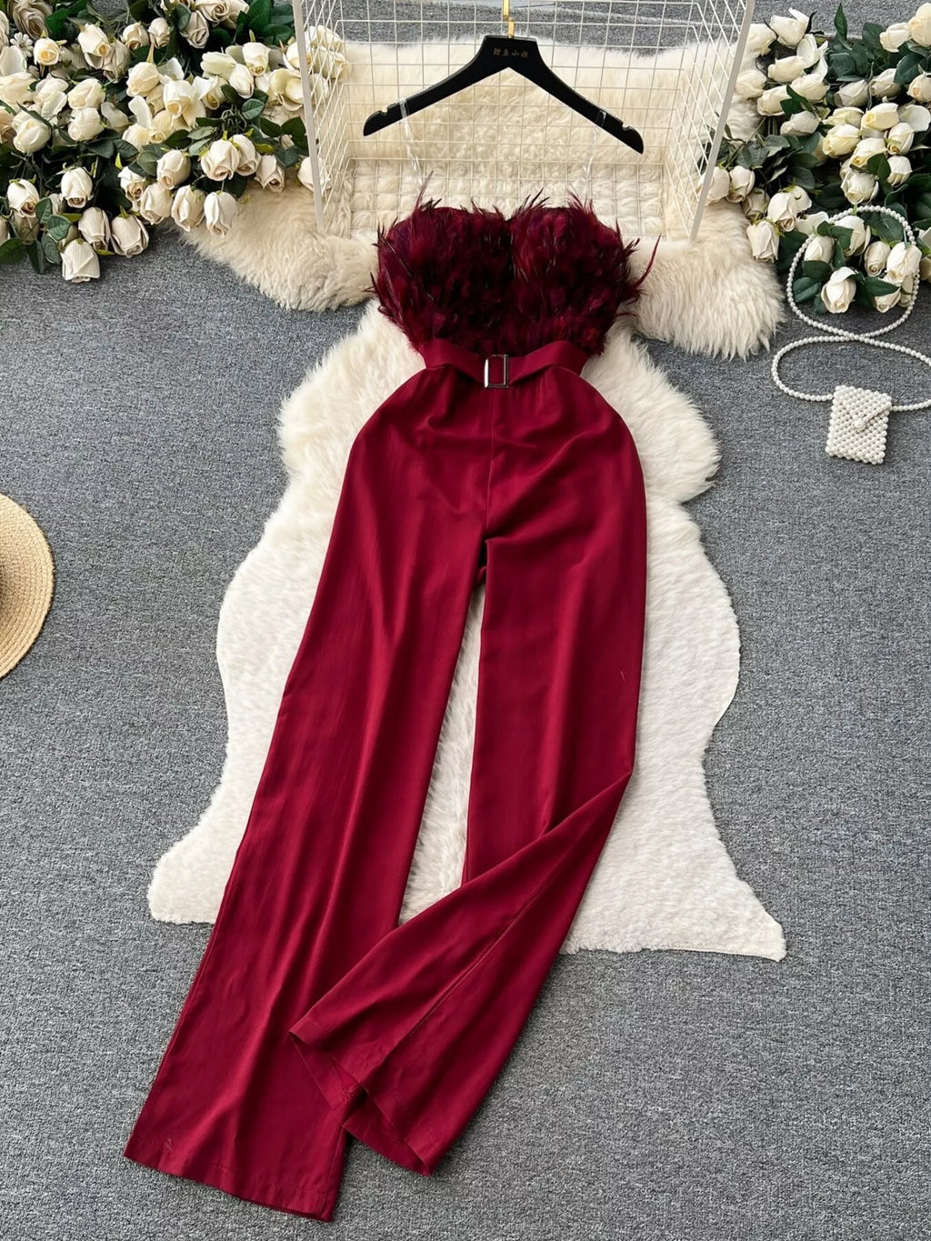 Feather Trim Strapless Wide Leg Jumpsuit