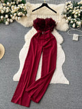 Feather Trim Strapless Wide Leg Jumpsuit