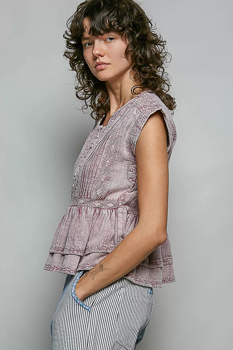 POL Eyelet Embroidery Pintuck Sleeveless Cotton Blouse