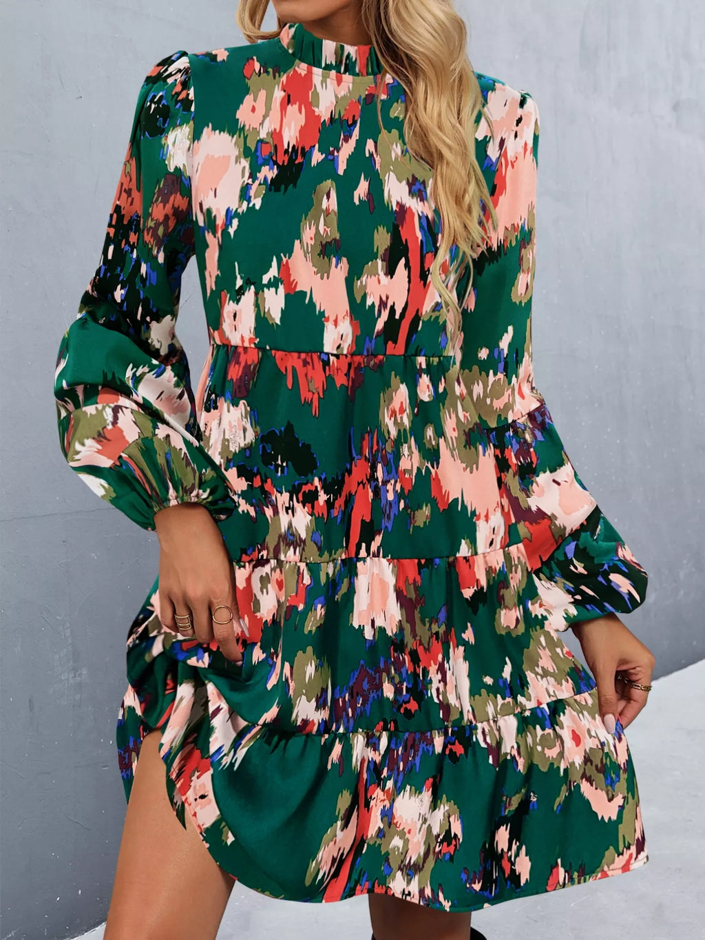 Printed Balloon Sleeve Mini Dress