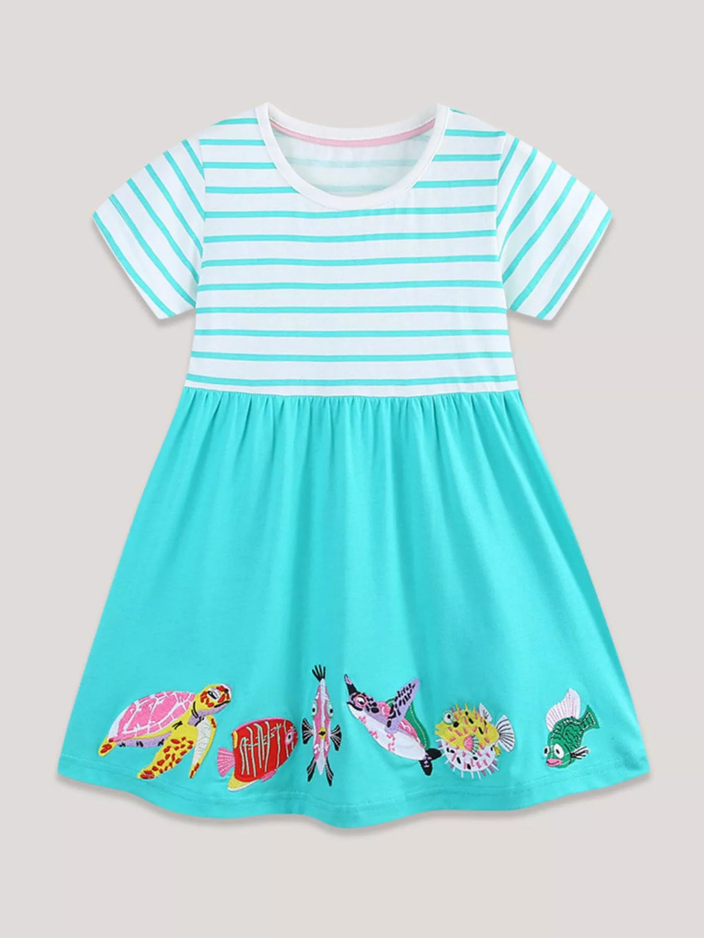 Children's Striped Turtle and Fish Embroidered Dress
