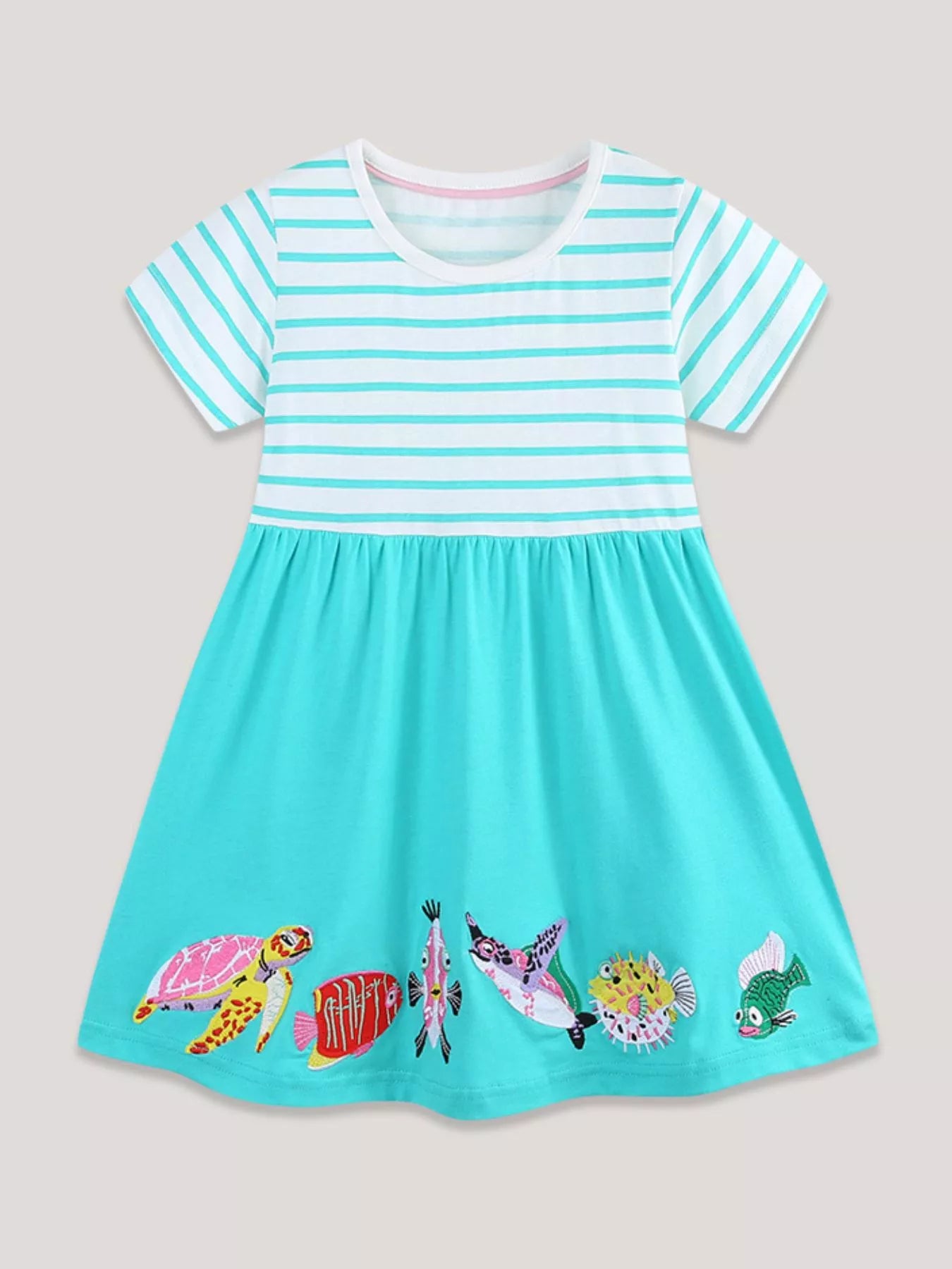 Children's Striped Turtle and Fish Embroidered Dress