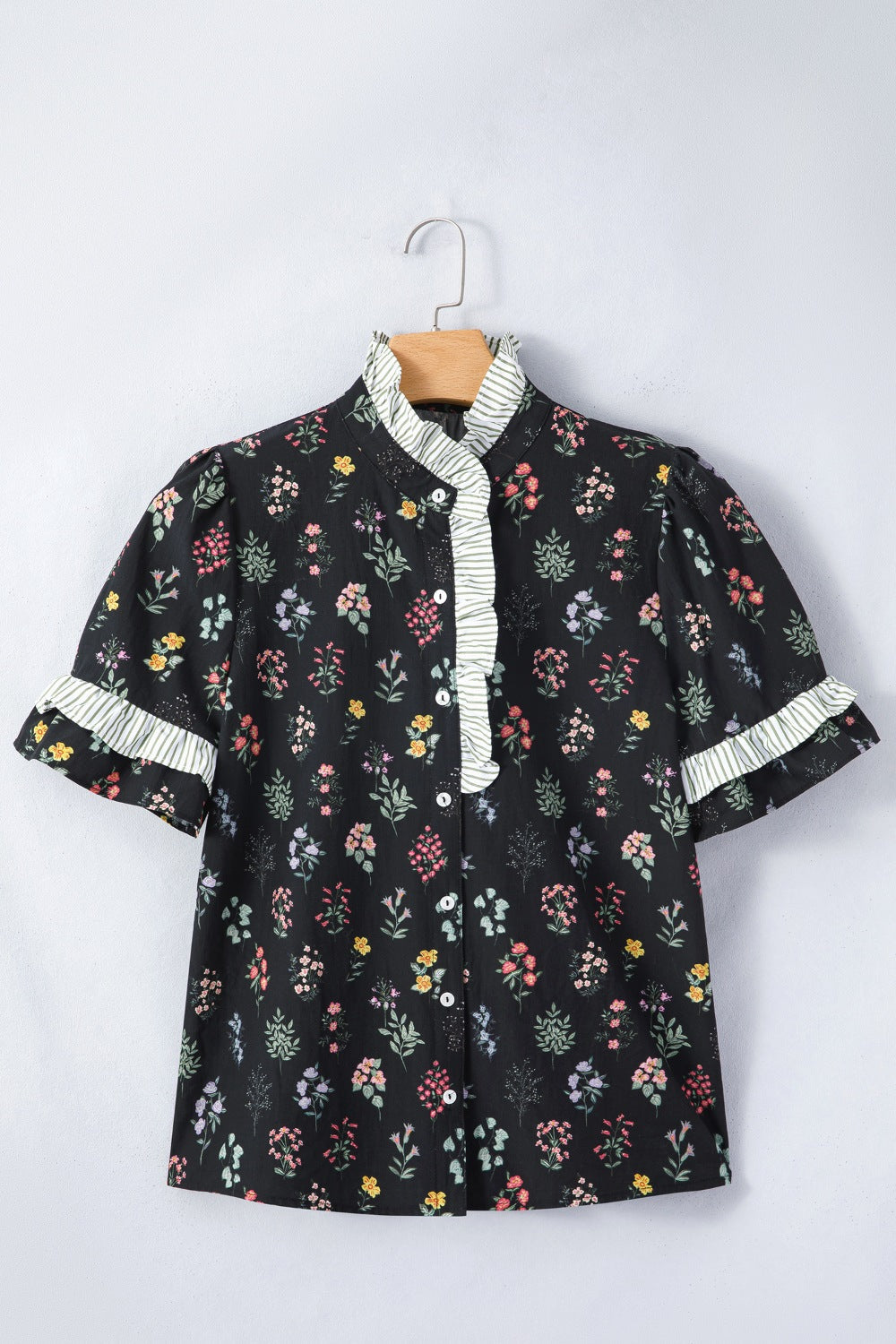 Contrast Frilled Trim Short Sleeve Floral Shirt