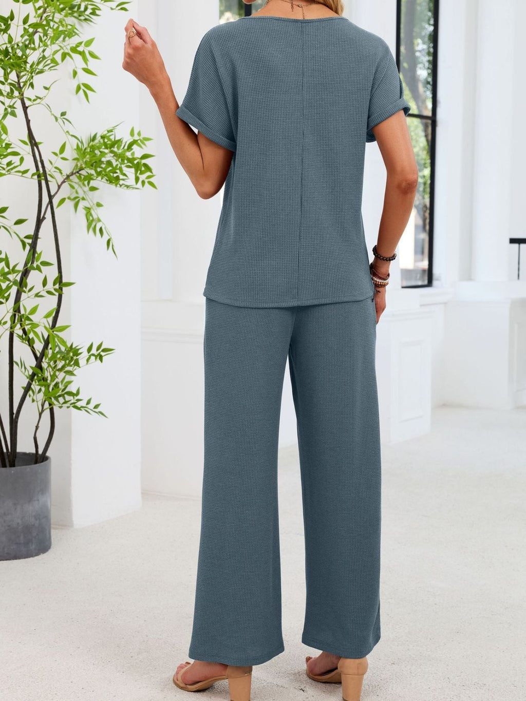 Lace Detail Short Sleeve Top and Pants Set