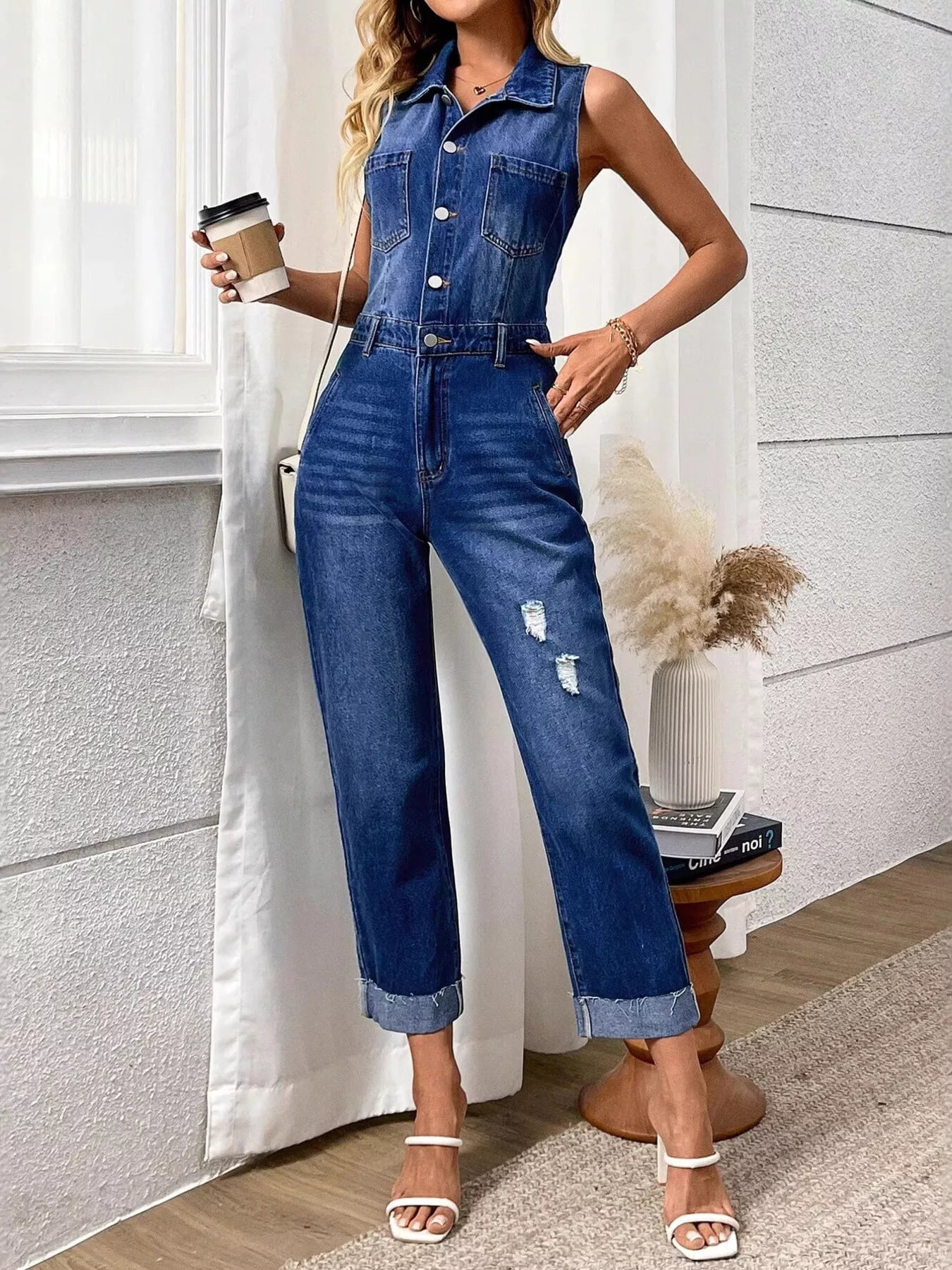 Sleeveless Button Front Denim Jumpsuit