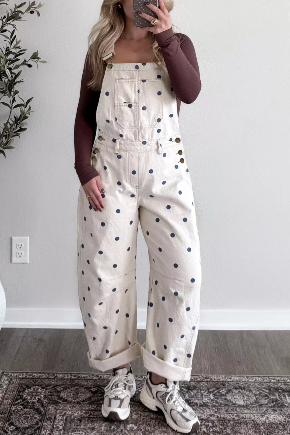 Polka Dot Print Bib Pocket Denim Barrel Overalls Jumpsuit