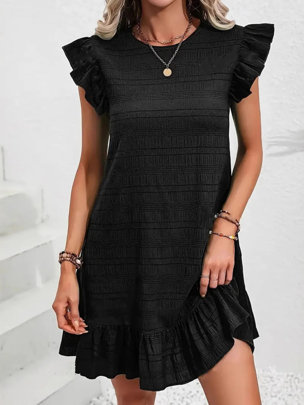 Plus Size Ruffle Hen Cap Sleeve Mini Dress