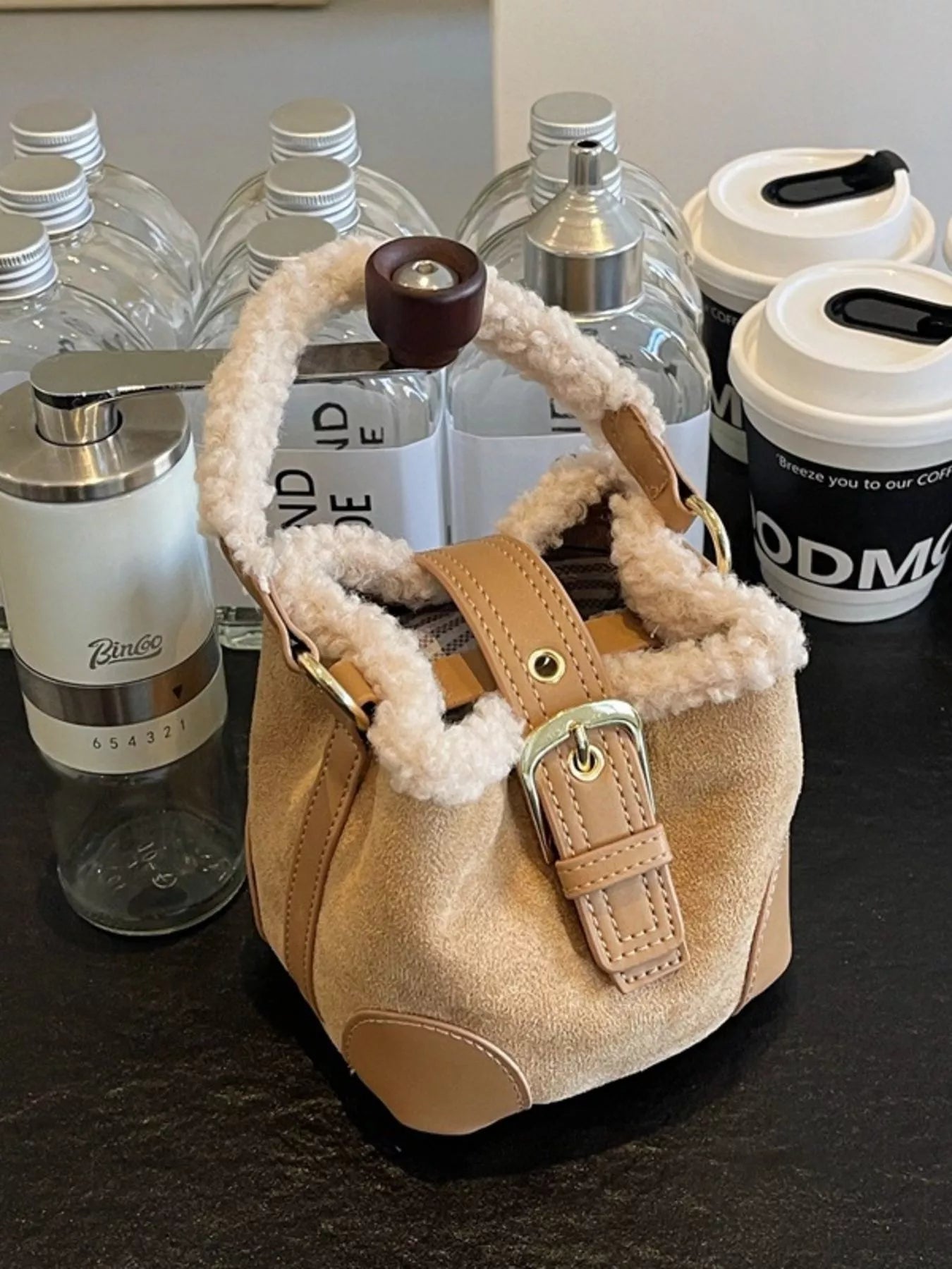 Fuzzy Trim Bucket Crossbody Bag