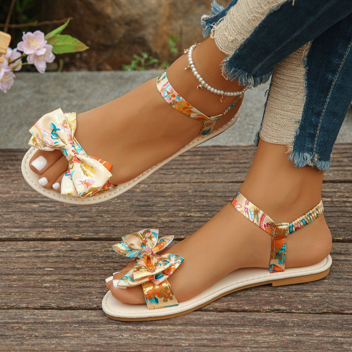 Floral Bowknot Ankle Strap Flat Sandals