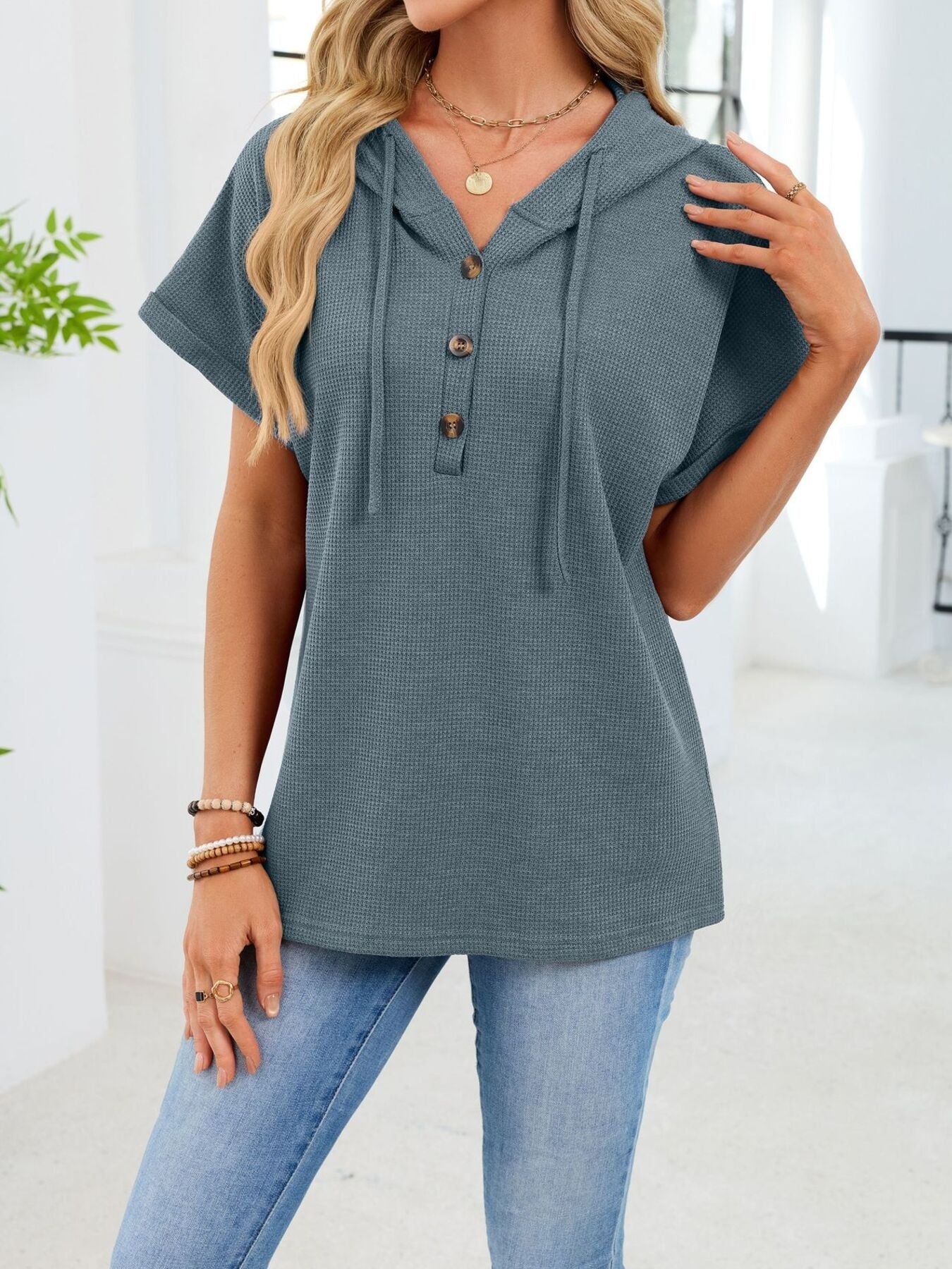 Casual Waffle Knit Button Detail Hooded Top