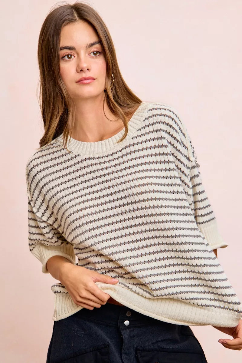 BiBi Stripes Short Sleeves Rib Banded Outseam Knit Top