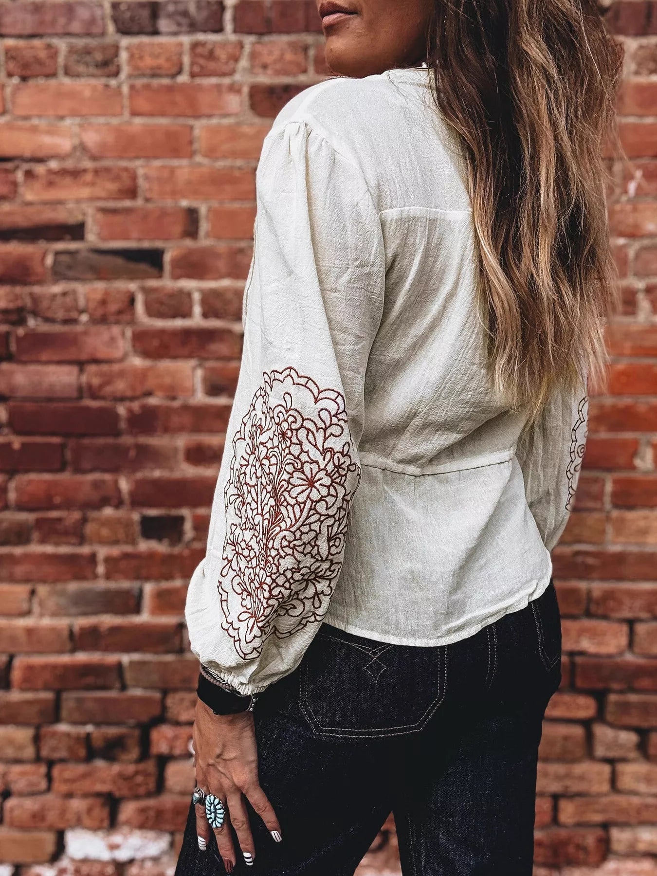 Embroidered Drawstring Waist Blouse