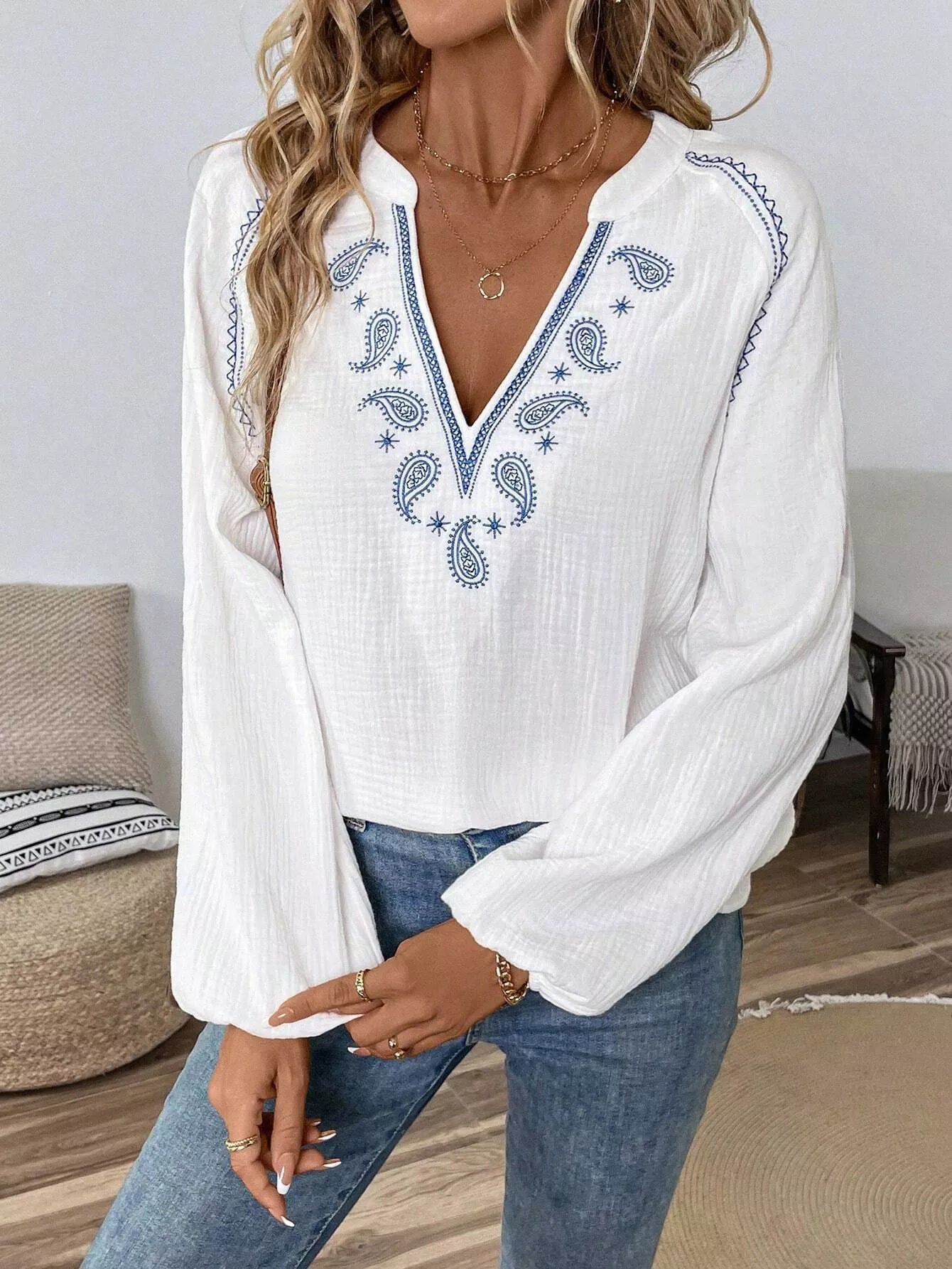 Paisley Notched Balloon Sleeve Blouse