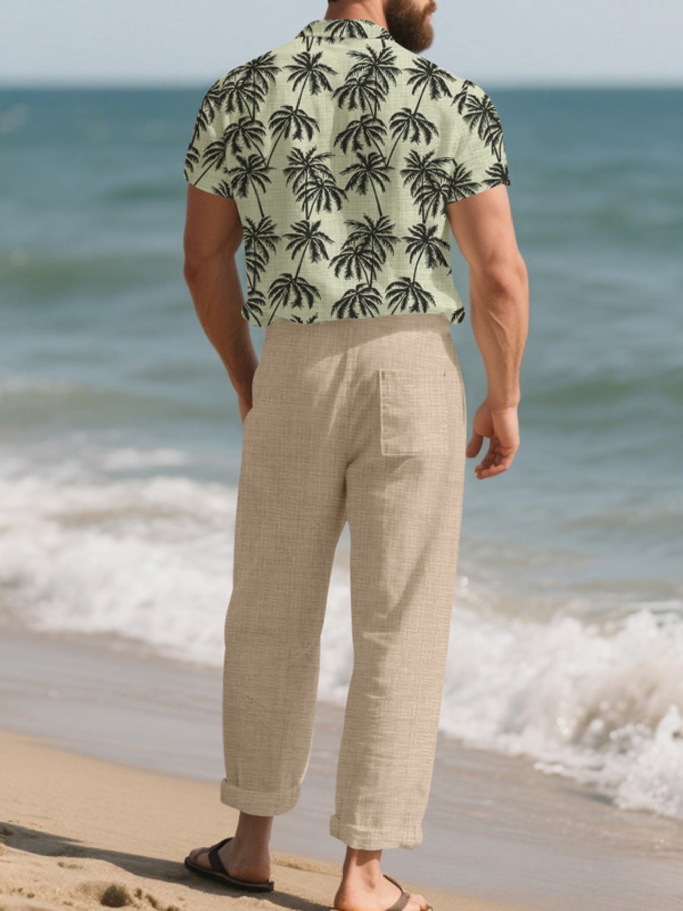 Men's Full Size Tropical Palm Print Button Up Shirt and Pants Set Plus Size