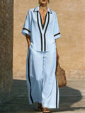 Full Size Contrast Trim Top and Pants Set Plus Size