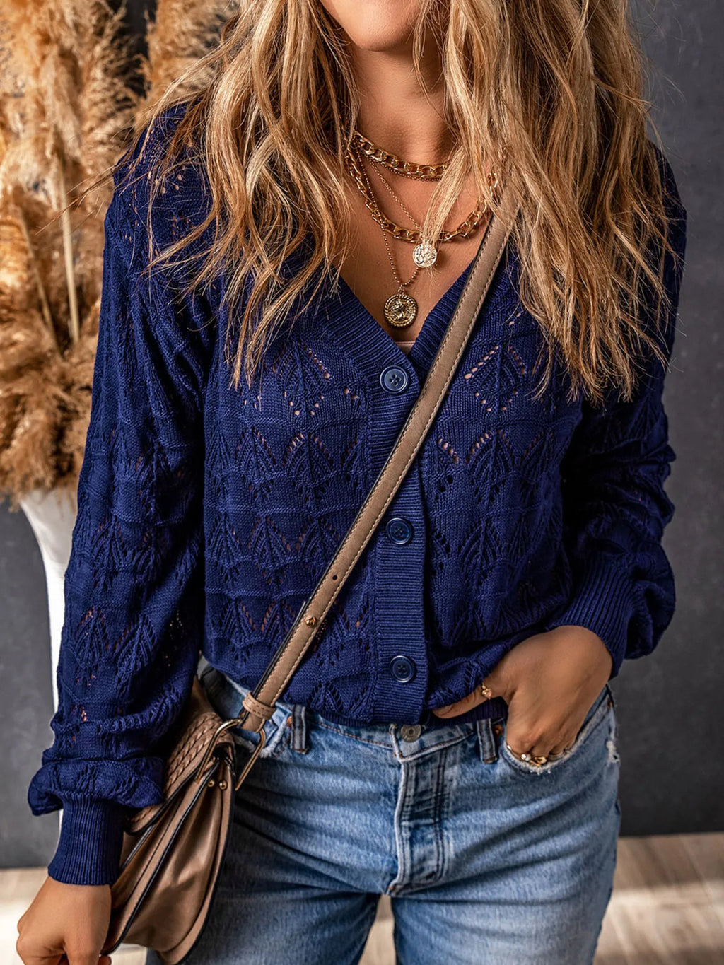 Buttoned Front Openwork Cardigan