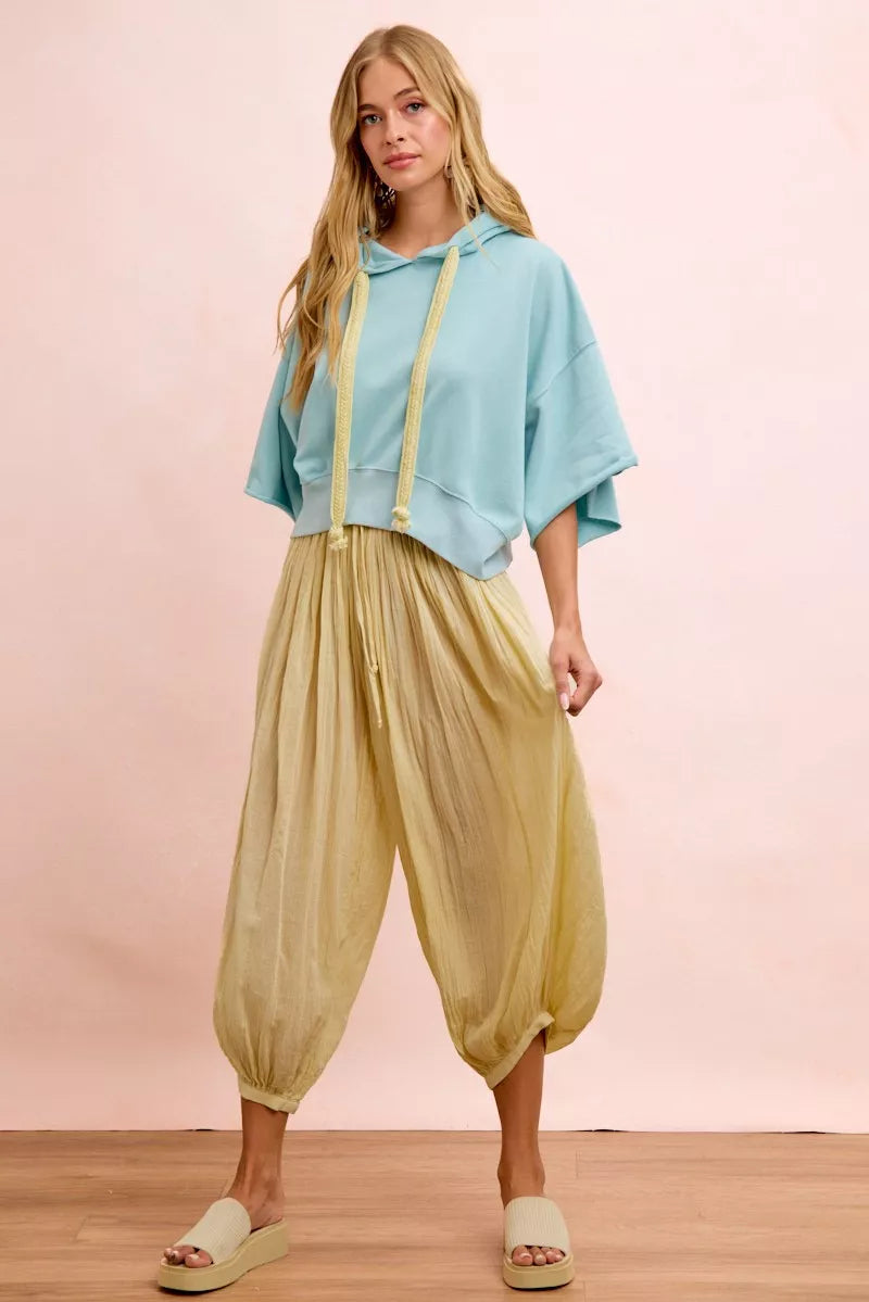 BiBi Washed Terry Short Sleeve Drawstring Hoodie Top