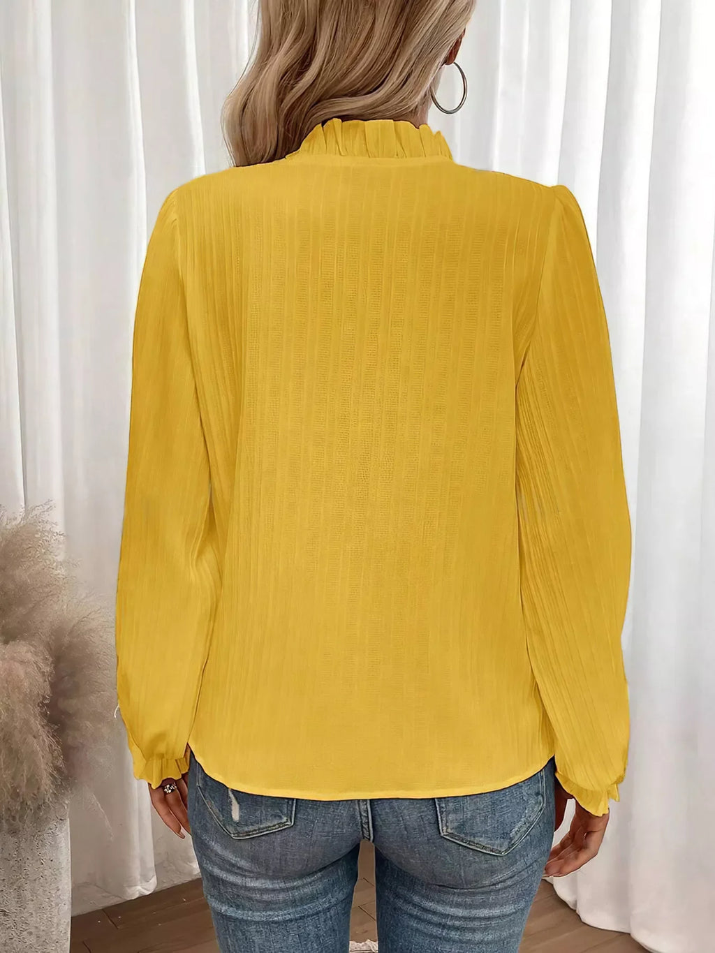 Ruffle Notched Long Sleeve Blouse