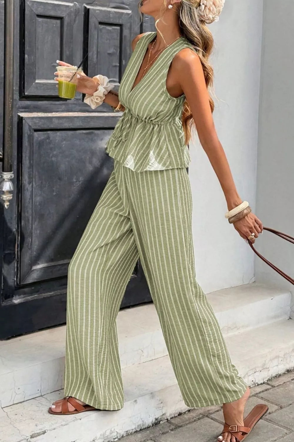 Striped Sleeveless Top and Wide Leg Pants Set