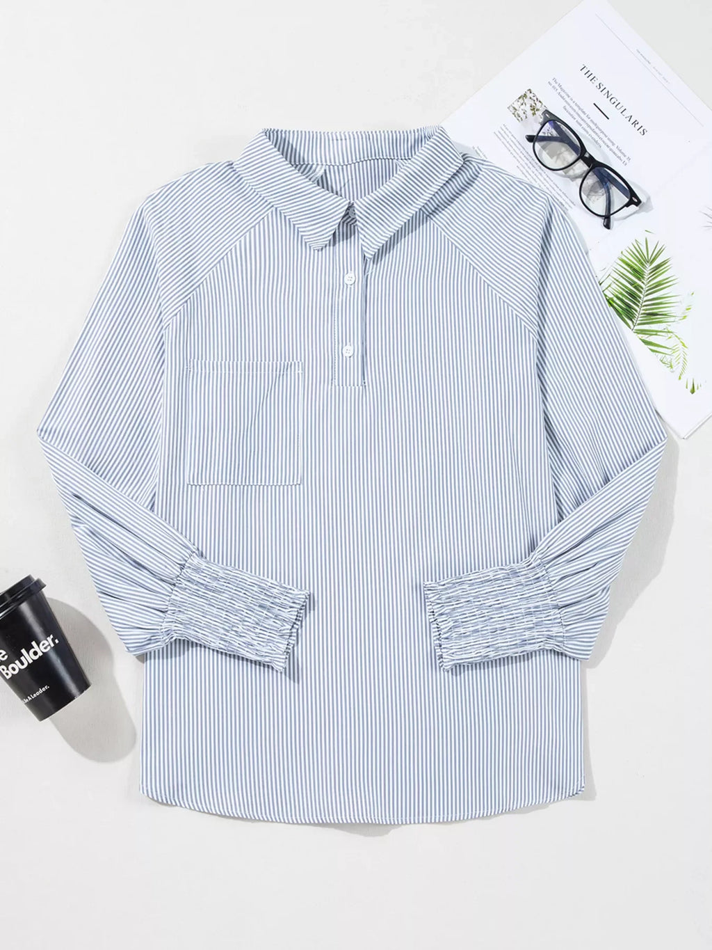 Pinstripe Long Sleeve Smocked Cuffs Button Shirt Collar Blouse
