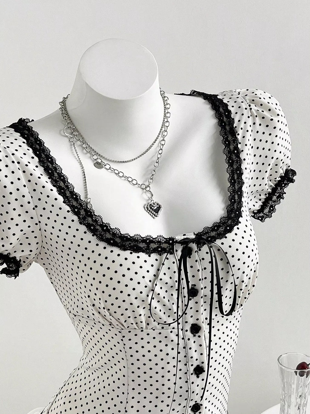Polka Dot Lace Trim Puff Sleeve Top