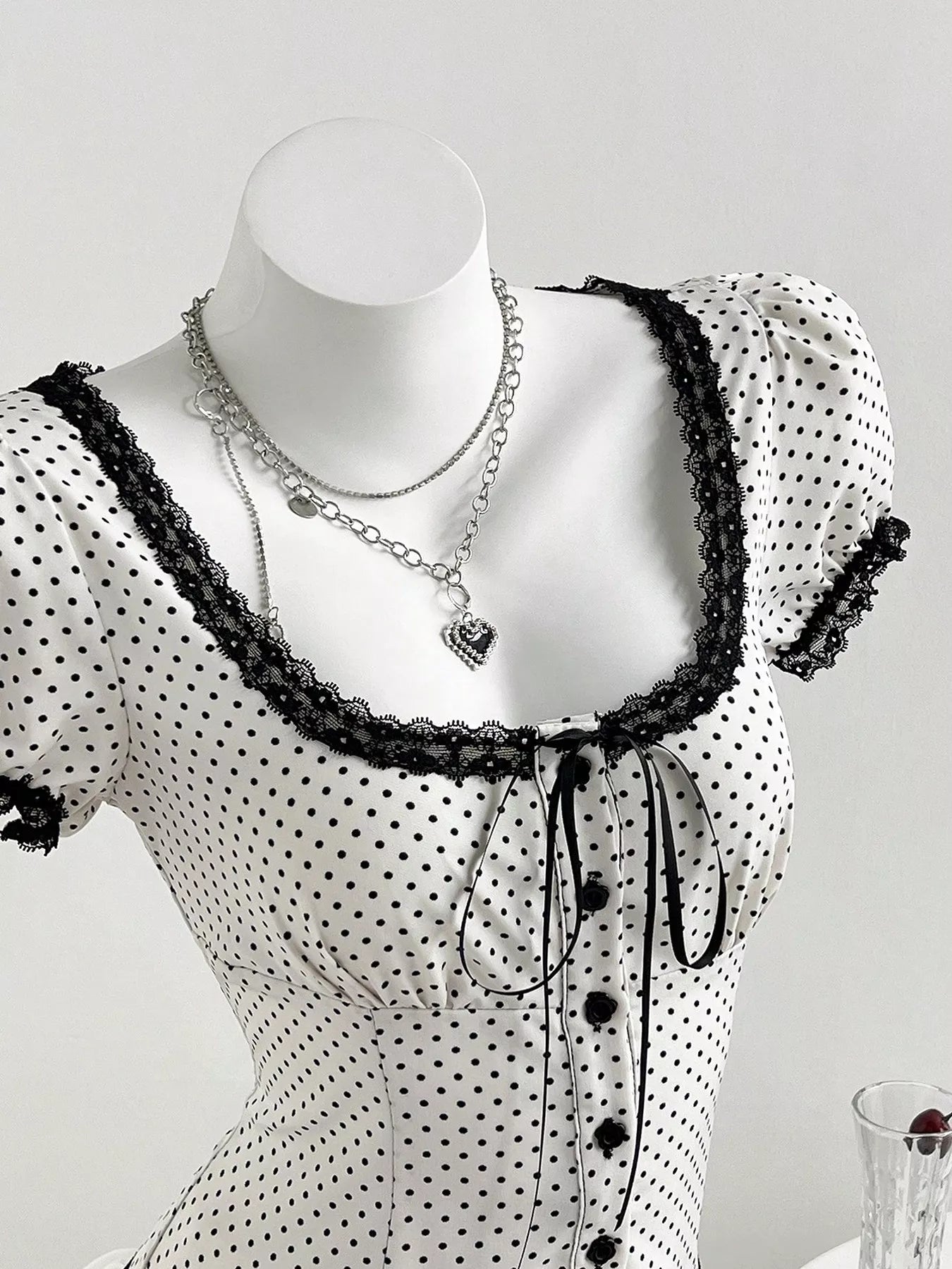 Polka Dot Lace Trim Puff Sleeve Top
