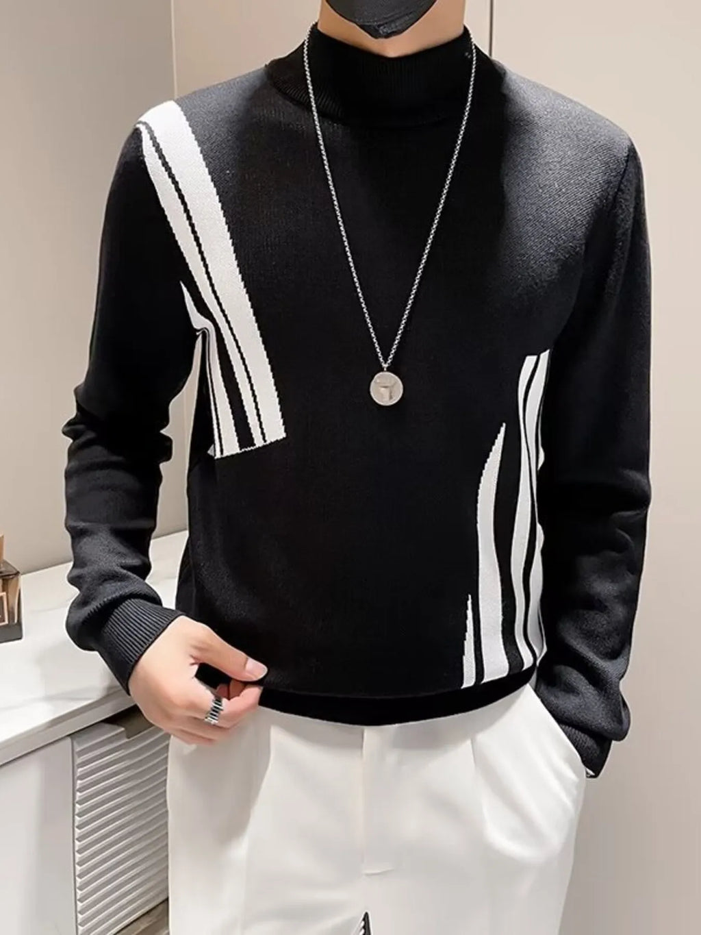 Men's Plus Size Striped Pattern Turtleneck Pullover