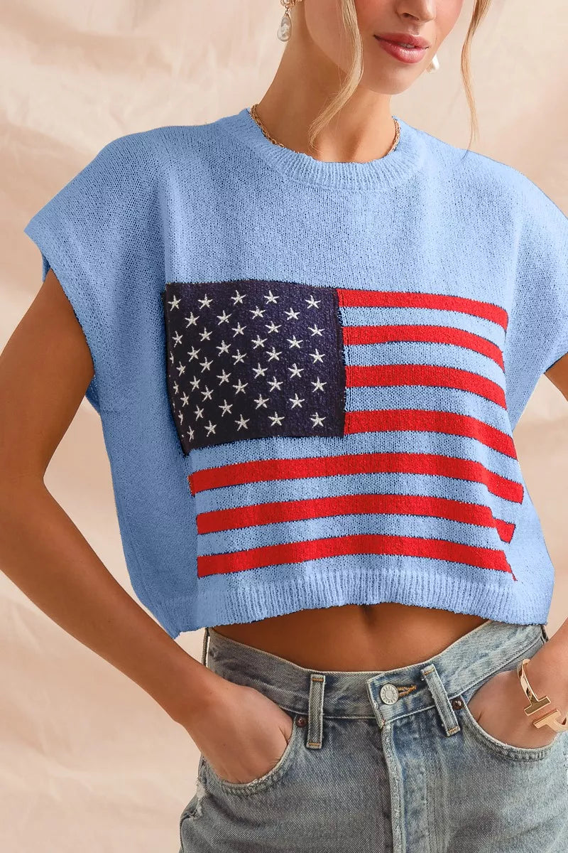 SO ME Fourth Of July American Flag Boxy Fit Sweater Top