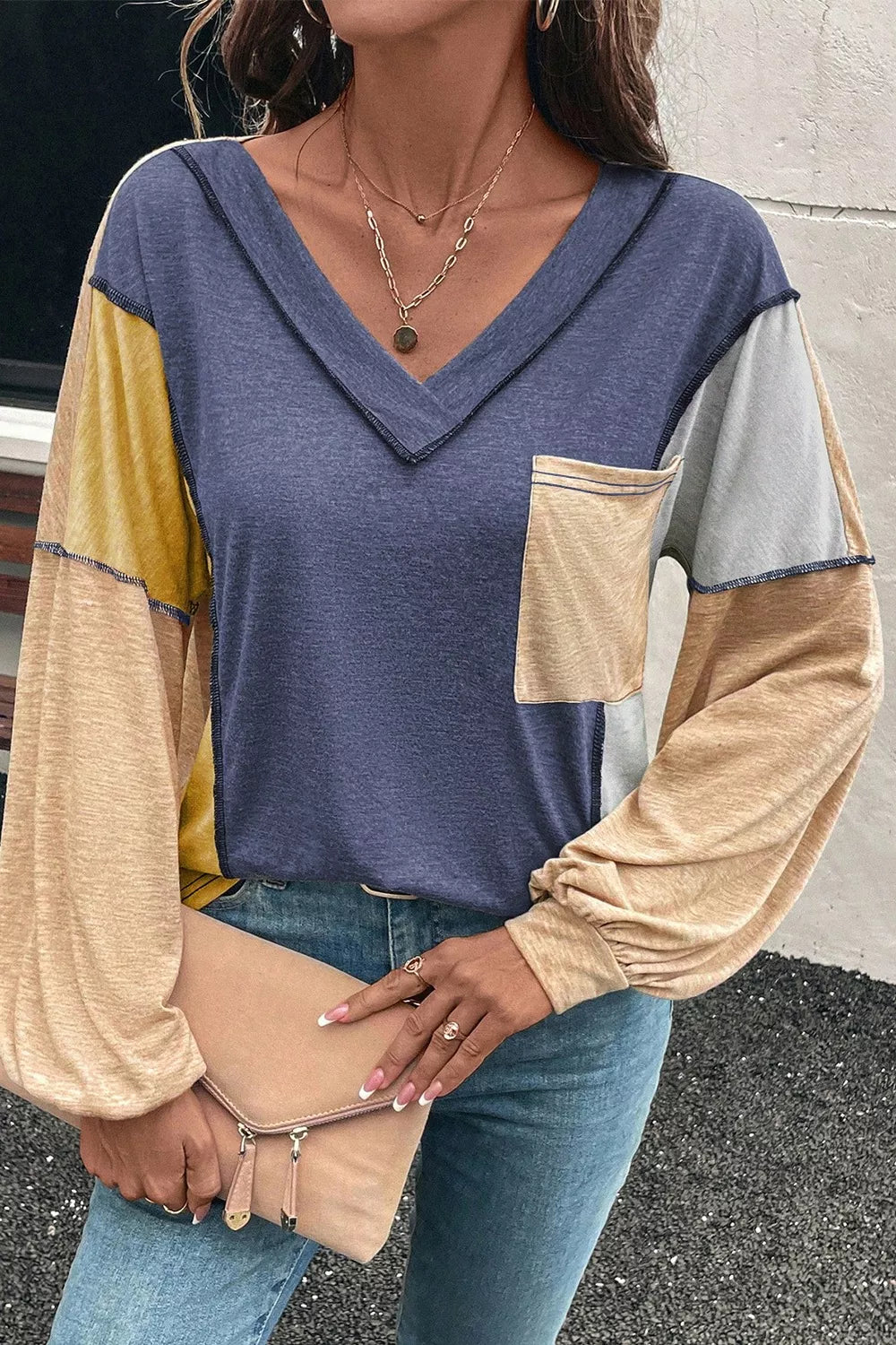 Color Block V-Neck Long Sleeve Blouse