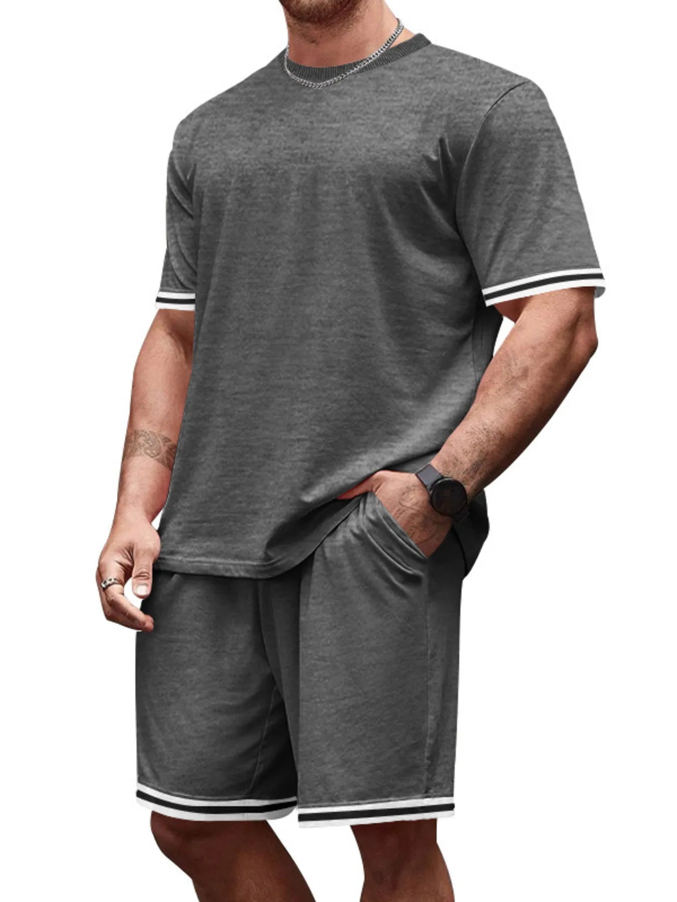 Men's Full Size Striped Short Sleeve Tee and Shorts Set Plus Size