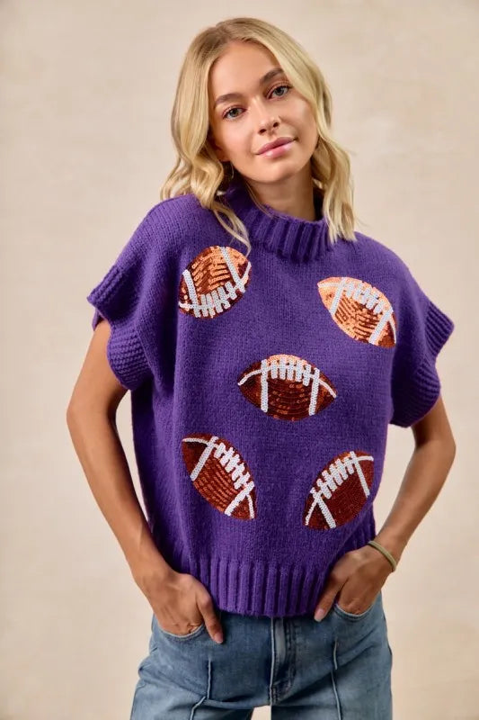 BiBi Gameday Sequin Football Patches Rib Banded Sweater