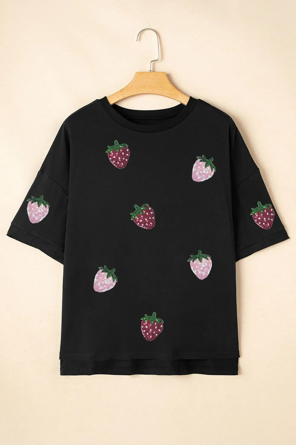 Sequin Strawberry High Low Half Sleeve Relaxed Fit T-Shirt