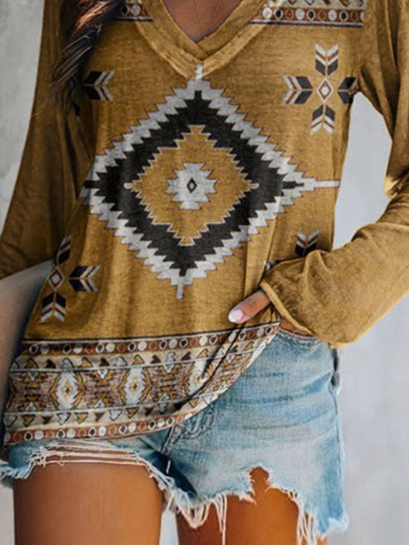 Full Size Geometric V-Neck Long Sleeve T-Shirt Plus Size