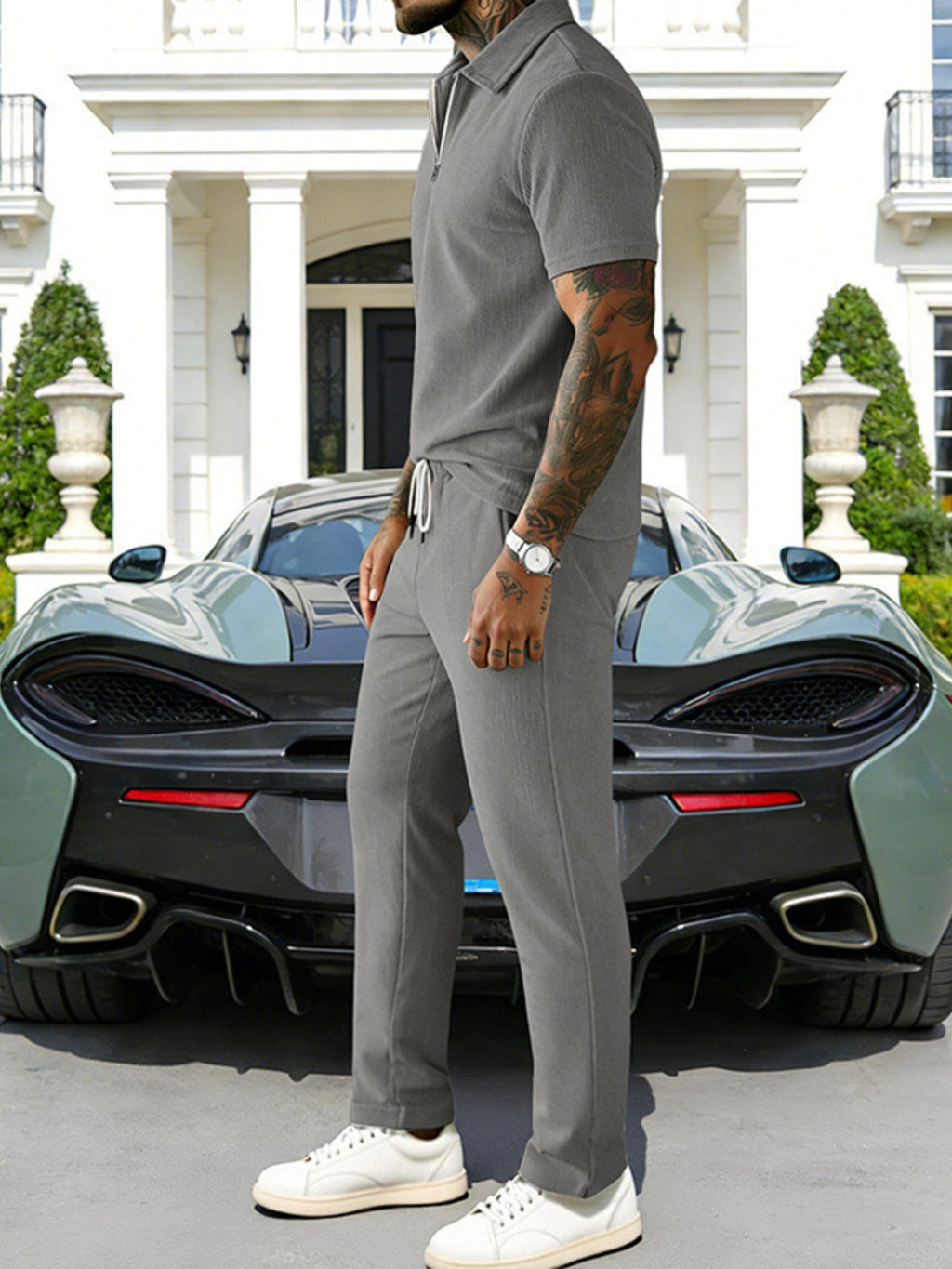 Men's Full Size Casual Zipper Polo Shirt and Drawstring Pants Set Plus Size
