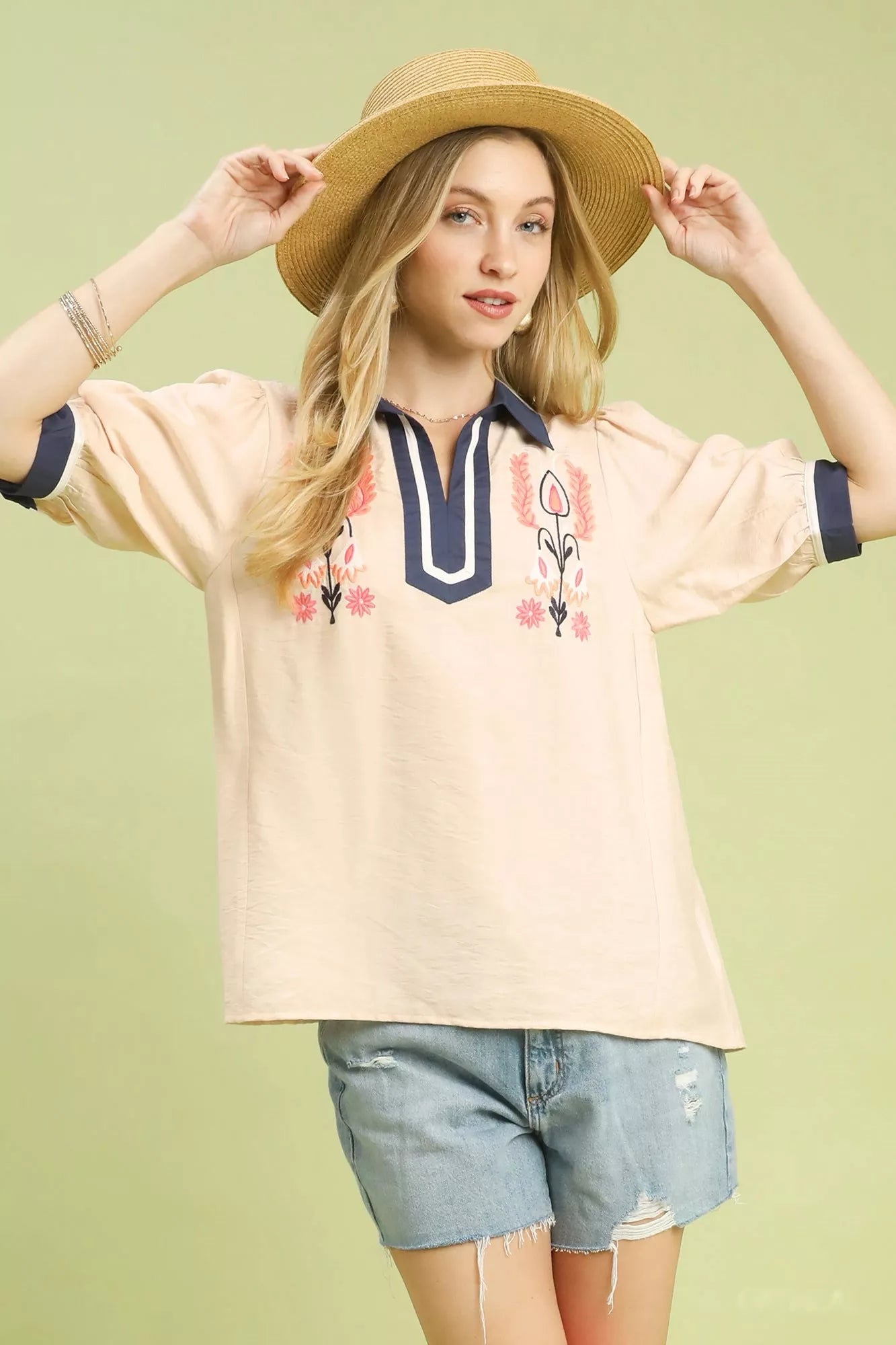 Umgee Embroidered Puff Sleeve Contrast Trim Top