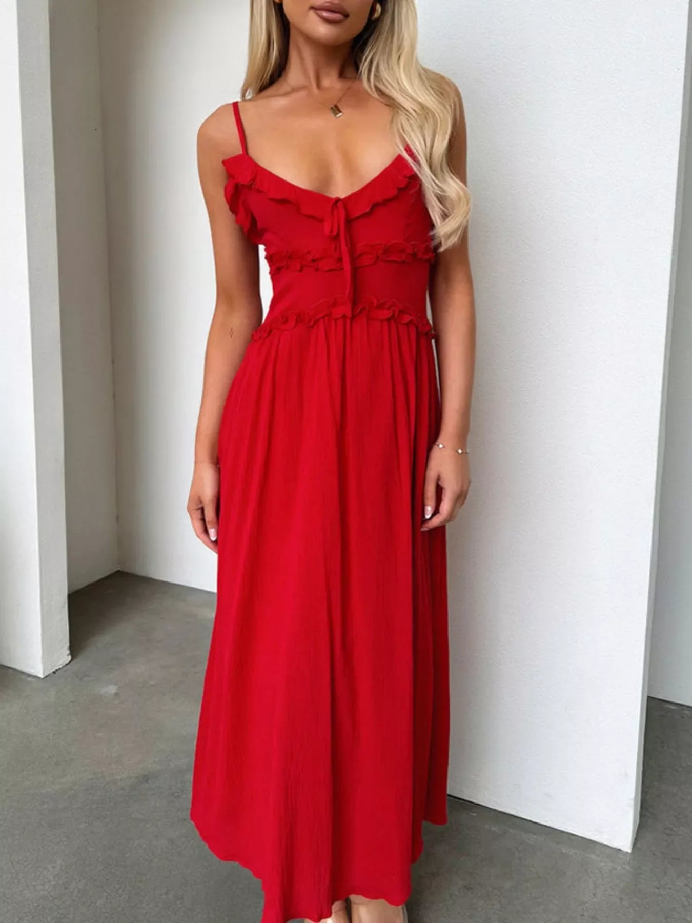 Ruffled Trimmed Spaghetti Strap Midi Dress