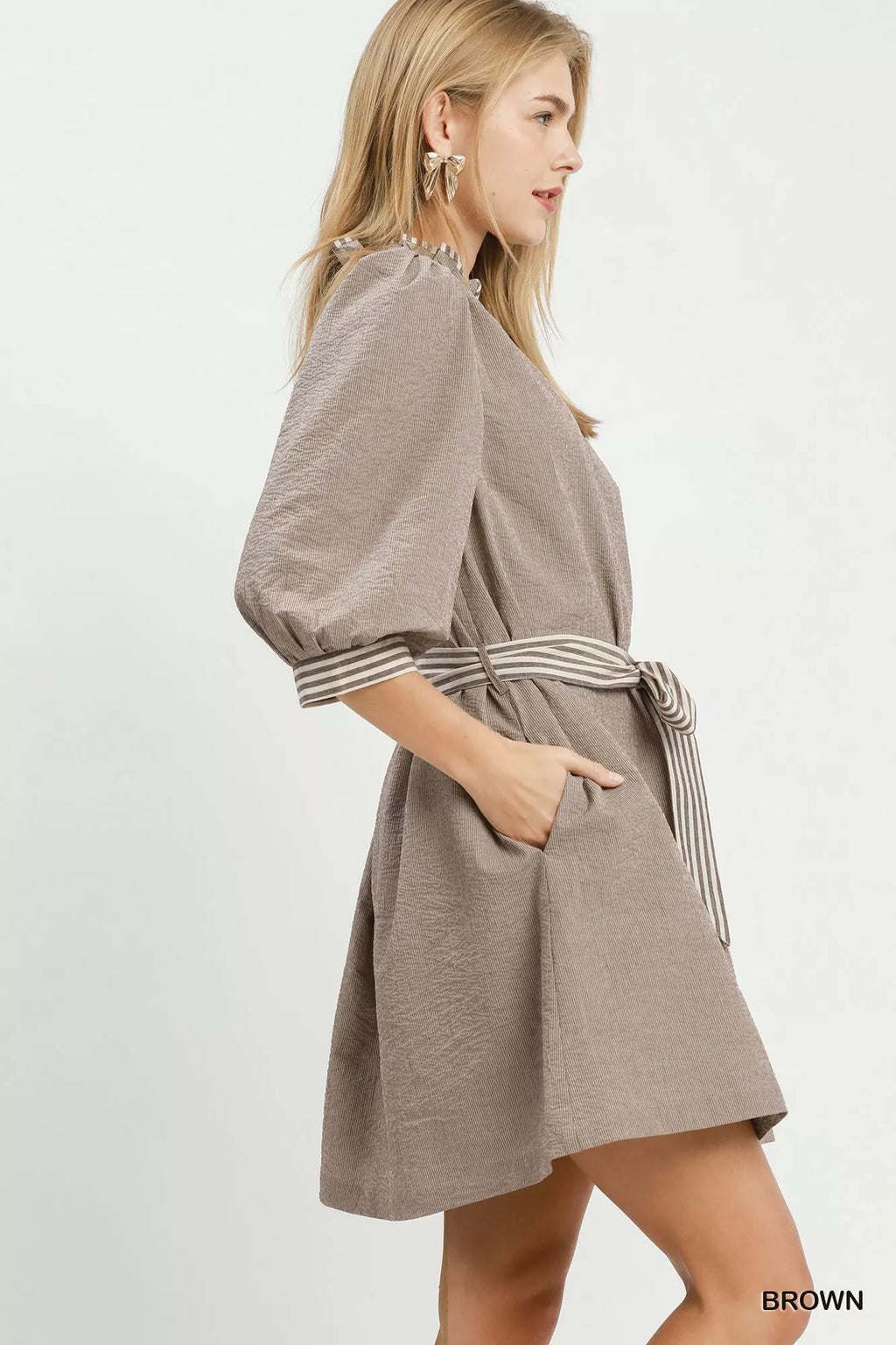 Umgee Textured Contrast Trim Tie Waist Mini Dress