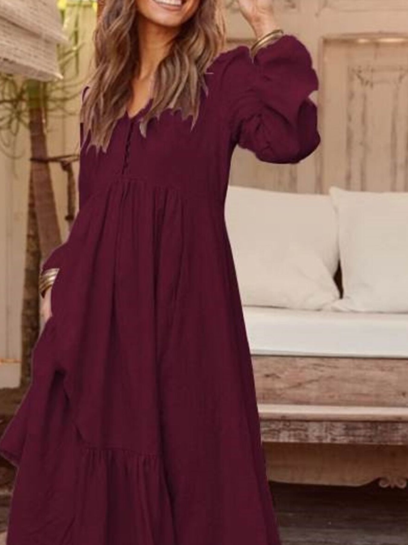 Full Size V-Neck Long Sleeve Tiered Maxi Dress Plus Size