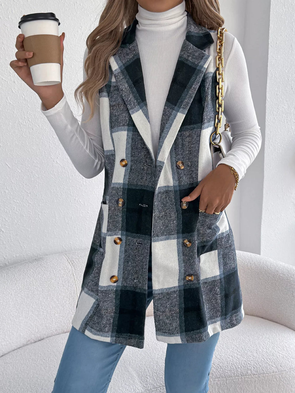 Plaid Double-Breasted Vest Coat